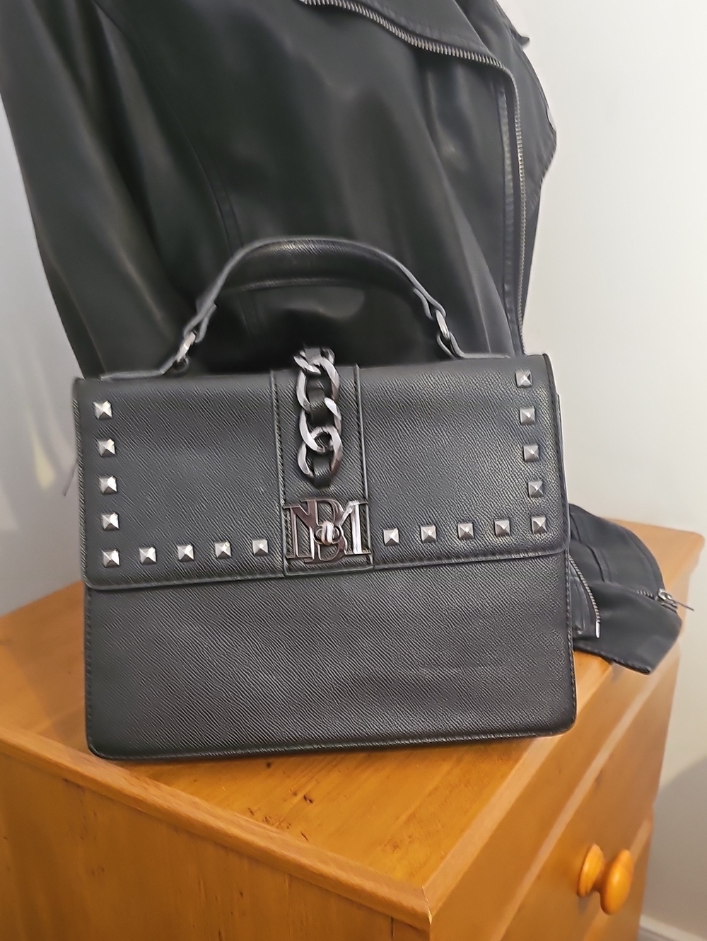 Badgley Mischka Black Studded Top Handle Satchel
